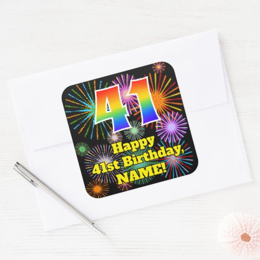 41st Birthday: Fun Fireworks Look, Rainbow # 41 Vierkante Sticker (Envelop)
