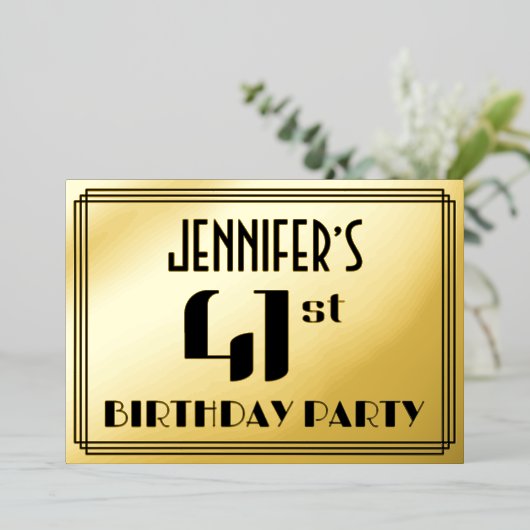 41ste verjaardag: Art Deco Kijk "41" en naam Folie Uitnodiging (Staand Voorkant)