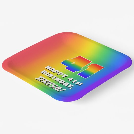 41ste verjaardag: kleurrijk, vun regenboogpatroon papieren bordje (Gebogen)