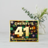 41ste verjaardag: Vette, kleurrijke Fireworks-look Folie Uitnodiging Briefkaart (Staand Voorkant)