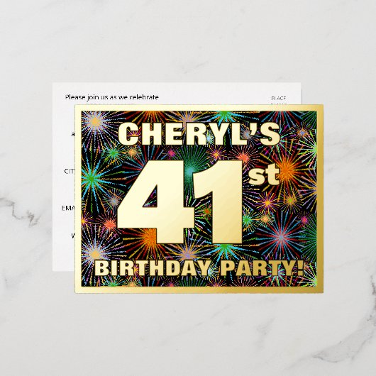 41ste verjaardag: Vette, kleurrijke Fireworks-look Folie Uitnodiging Briefkaart (Voorkant / Achterkant)