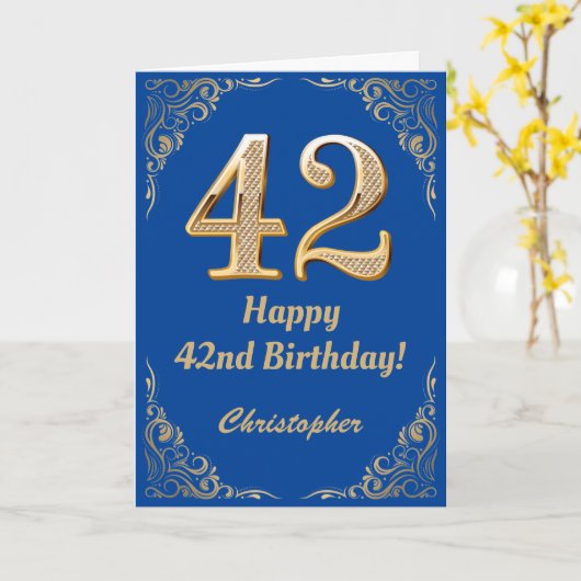 42e Birthday Blue en Gold Glitter Lijst Kaart (Gele Bloem)