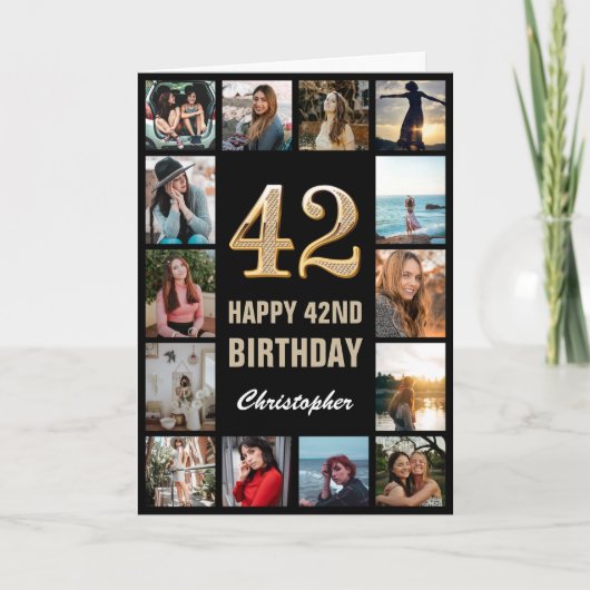 42e Happy Birthday Black en Gold Photo Collage Kaart (Voorkant)