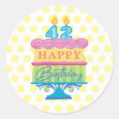 42e Happy Birthday Cake Yellow Stippen Ronde Sticker (Voorkant)