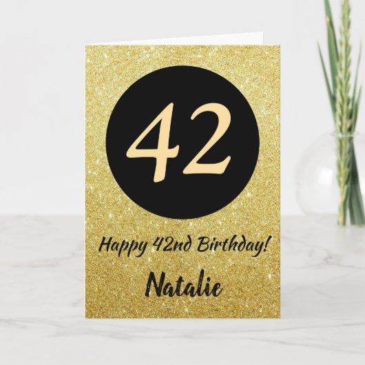 42e Happy Birthday Zwart en Goud Glitter Kaart (Voorkant)