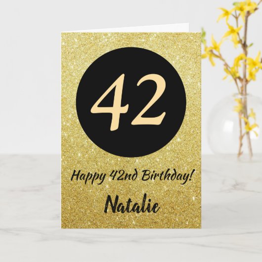 42e Happy Birthday Zwart en Goud Glitter Kaart (Gele Bloem)