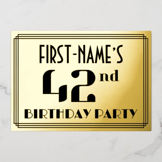 42e verjaardag: Art Deco Kijk "42" en naam Folie Uitnodiging (Voorkant)