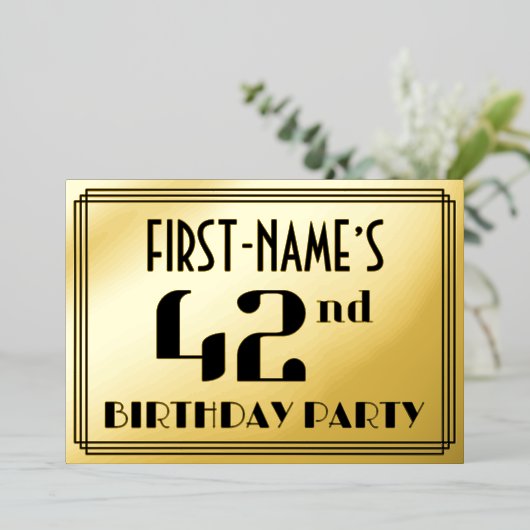 42e verjaardag: Art Deco Kijk "42" en naam Folie Uitnodiging (Staand Voorkant)