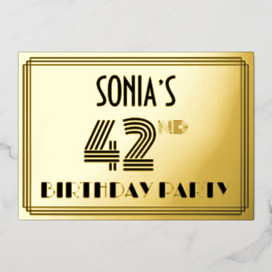42e verjaardag — Art Deco Style "42" en naam Folie Uitnodiging