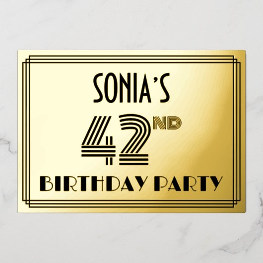 42e verjaardag — Art Deco Style "42" en naam Folie Uitnodiging (Voorkant)