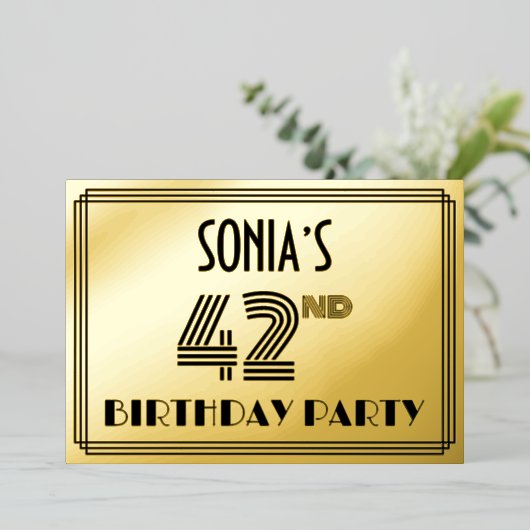 42e verjaardag — Art Deco Style "42" en naam Folie Uitnodiging (Staand Voorkant)