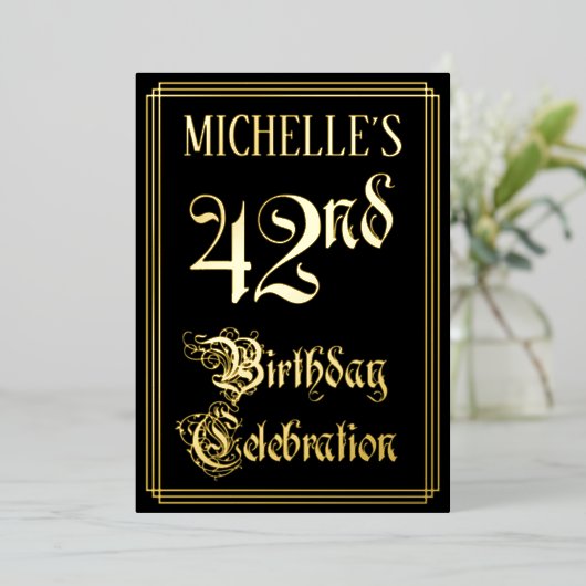 42e verjaardag — Fancy script en aangepaste naam Folie Uitnodiging (Staand Voorkant)