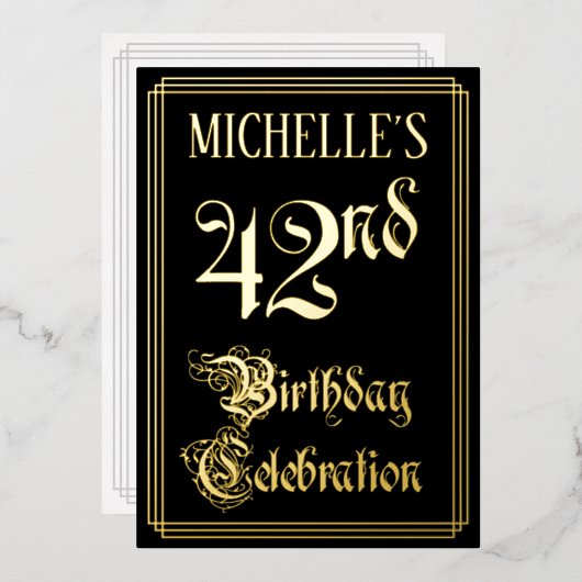 42e verjaardag — Fancy script en aangepaste naam Folie Uitnodiging (Voorkant / Achterkant)