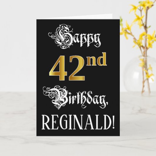 42e verjaardag — Fancy script; Faux Gold Kijk; naa Kaart (Gele Bloem)