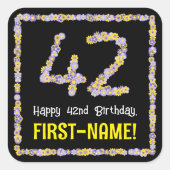 42e verjaardag: Floral Flowers Number, Custom Name Vierkante Sticker (Voorkant)