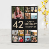 42e Verjaardag Foto Collage 13 Foto's Zwart & Goud Kaart (Gele Bloem)