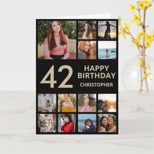 42e Verjaardag Foto Collage 13 Foto's Zwart & Goud Kaart (Gele Bloem)