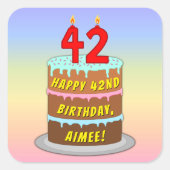42e verjaardag: Fun Cake and Candles + Custom Name Vierkante Sticker (Voorkant)
