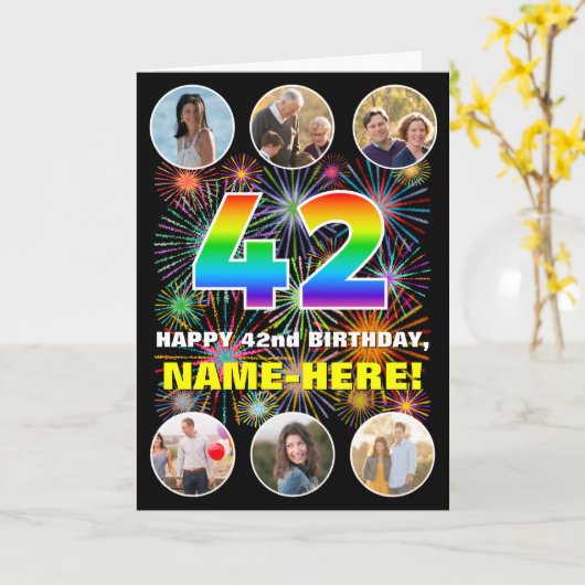 42e verjaardag: Fun Rainbow #, aangepaste naam & f Kaart (Gele Bloem)