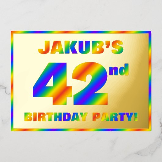 42e verjaardag - Fun, regenboogspectrum "42" Folie Uitnodiging (Voorkant)