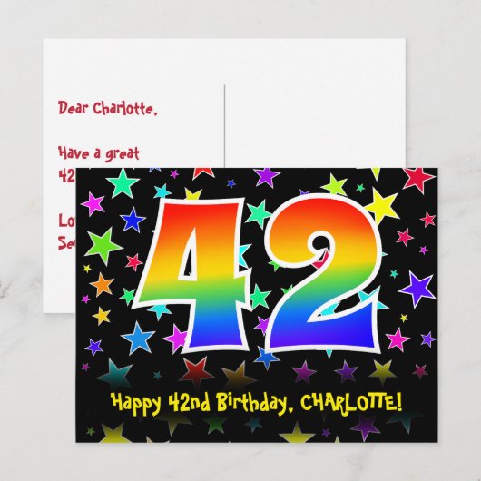 42e verjaardag: Fun Stars Pattern, Rainbow 42, Naa Briefkaart (Voorkant / Achterkant)