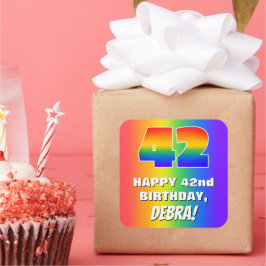 42e verjaardag: kleurrijk, vun regenboogpatroon # vierkante sticker