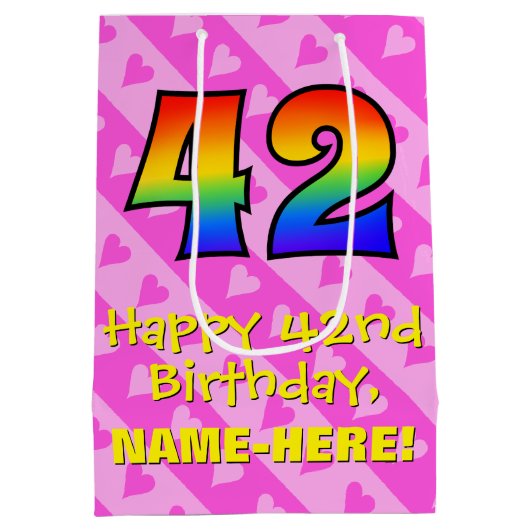 42e verjaardag: leuke roze harten strepen; regenbo medium cadeauzakje (Achterkant)