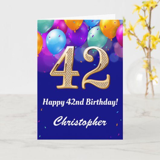 42e verjaardag marineblauw en goudkleurige ballonn kaart (Gele Bloem)