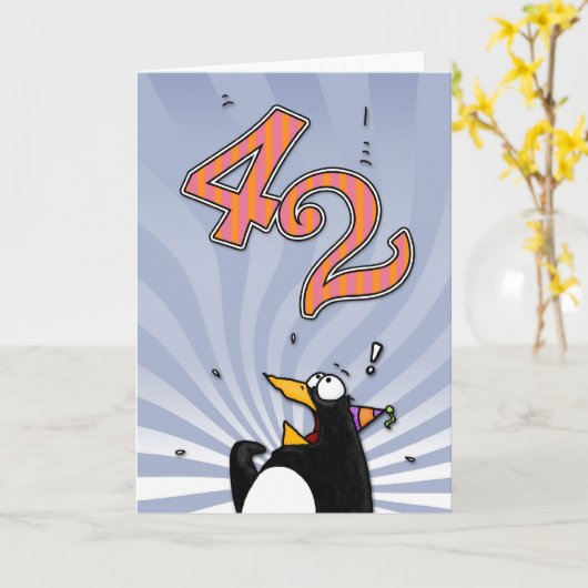 42e verjaardag - Penguin Surprise Kaart (Gele Bloem)