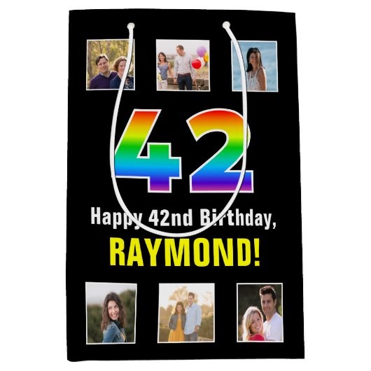 42e verjaardag: Regenboog "42", aangepaste foto's  Medium Cadeauzakje (Voorkant)