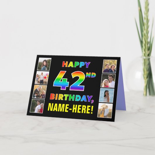 42e verjaardag: Regenboogtekst, aangepaste foto's  Kaart (Voorkant)