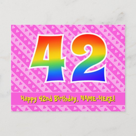 42e verjaardag: Roze strepen & harten, Regenboog 4 Briefkaart (Voorkant)