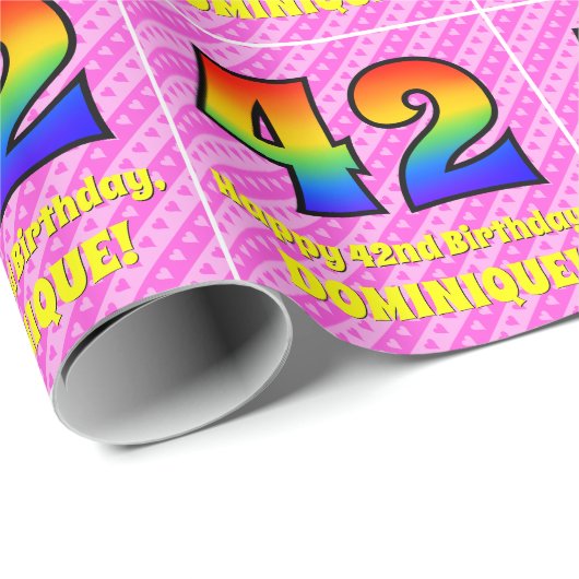 42e verjaardag: roze strepen & harten, regenboog # cadeaupapier (Rol Hoek)