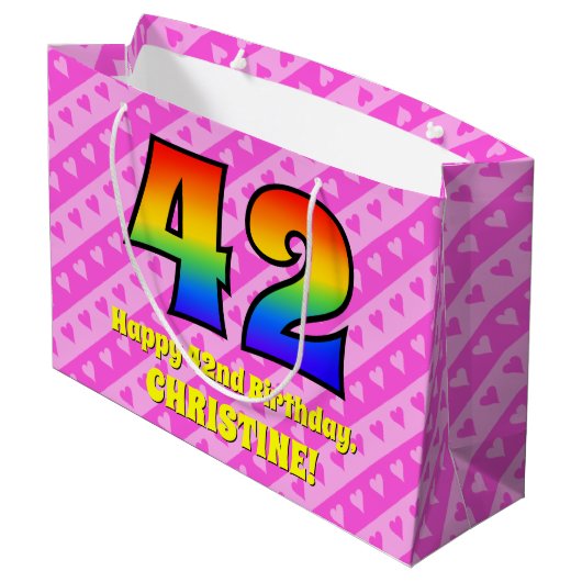 42e verjaardag: roze strepen & harten, regenboog # groot cadeauzakje (Achterkant Gekanteld)