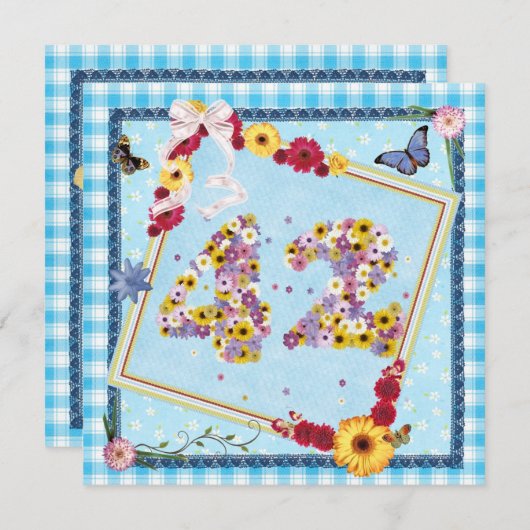 42e Verjaardag Uitnodiging bloemen, vlinders (Voorkant / Achterkant)