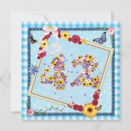 42e Verjaardag Uitnodiging bloemen, vlinders (Voorkant)