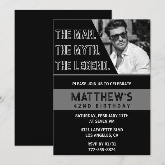42e verjaardag Uitnodigingen Black Het Man De Lege (Voorkant / Achterkant)