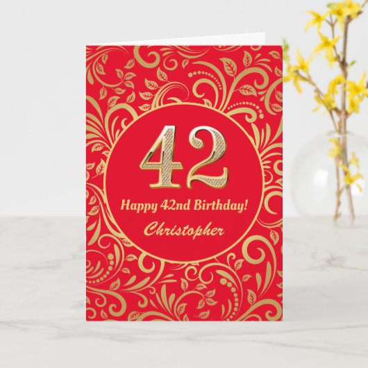 42e verjaardag van het Rode en gouden patroon Kaart (Gele Bloem)