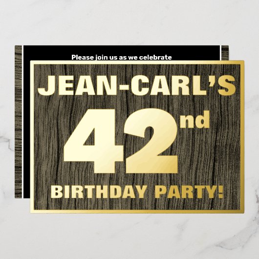 42e verjaardag: Vet, Faux Hood Grain Pattern Folie Uitnodiging (Voorkant / Achterkant)
