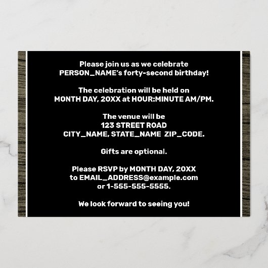 42e verjaardag: Vet, Faux Hood Grain Pattern Folie Uitnodiging (Achterkant)