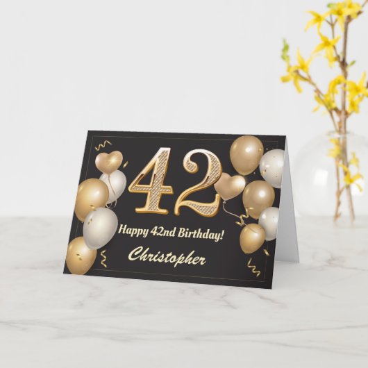 42e verjaardag zwarte en gouden ballonnen op zater kaart (Gele Bloem)