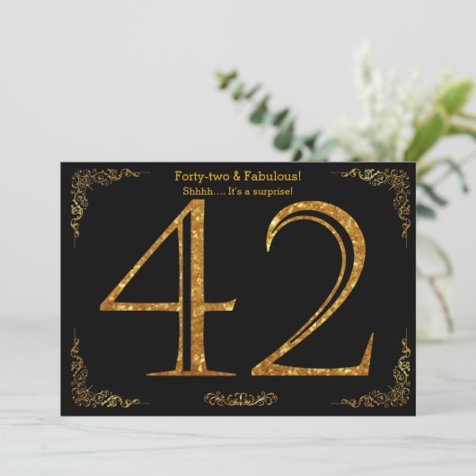 42e Verjaardagsfeest, Gatsby styl, zwart goud glit Kaart (Staand voorkant)