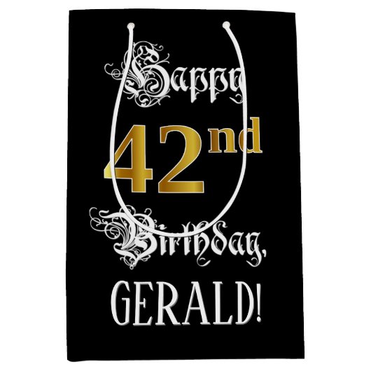 42nd Birthday ~ Fancy Script; Faux Gold Look; Name Medium Cadeauzakje (Voorkant)