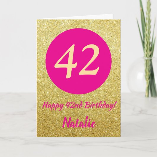 42nd Happy Birthday Hot Pink and Gold Glitter Kaart (Voorkant)