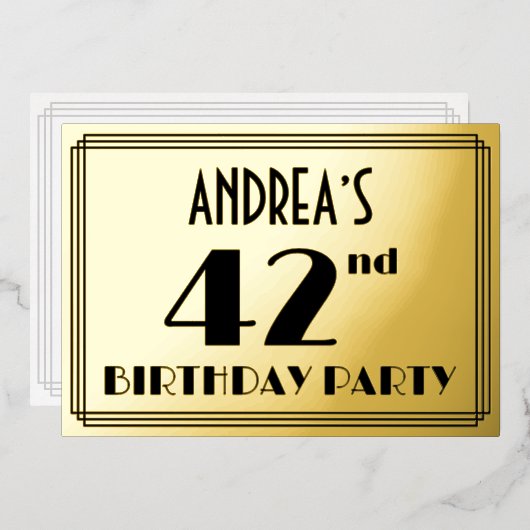 42ste verjaardagsfeest — Art Deco-look “42” + naam Folie Uitnodiging (Voorkant / Achterkant)