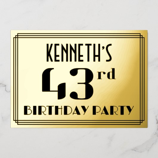 43e verjaardag: Art Deco Kijk "43" en naam Folie Uitnodiging (Voorkant)