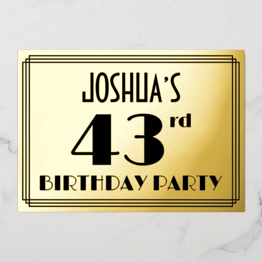 43e verjaardag — Art Deco look "43" + Naam Folie Uitnodiging (Voorkant)