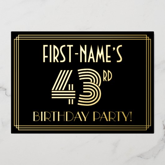 43e verjaardag — Art Deco Style "43" + Naam Folie Uitnodiging (Voorkant)