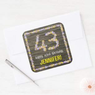 43e verjaardag: Bloemennummer, Faux Wood Look, Naa Vierkante Sticker