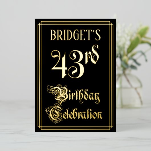 43e verjaardag — Fancy script en aangepaste naam Folie Uitnodiging (Staand Voorkant)